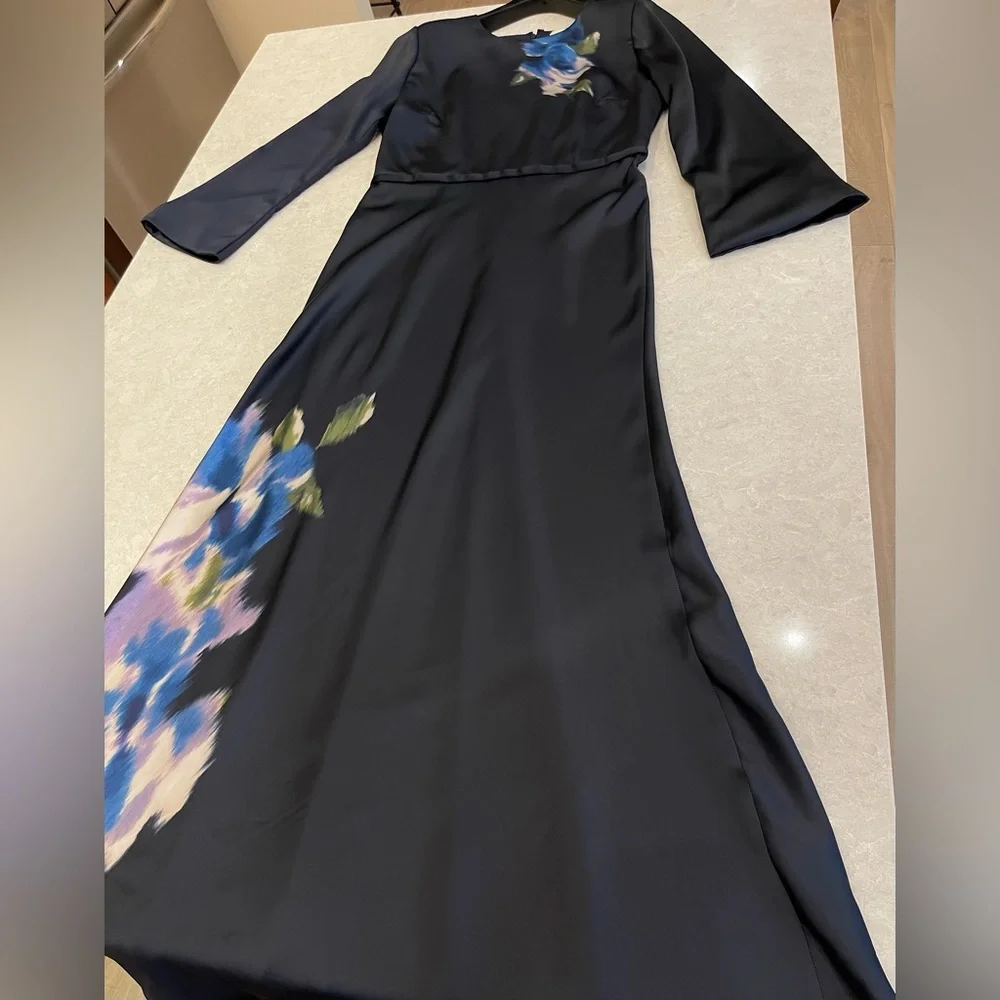 Sachin & Babi Alex Gown in Midnight Corsage Navy Blue Floral Satin Dress Size 14 - Picture 11 of 17
